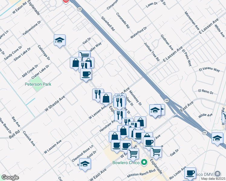 map of restaurants, bars, coffee shops, grocery stores, and more near 6 Santos Way in Chico