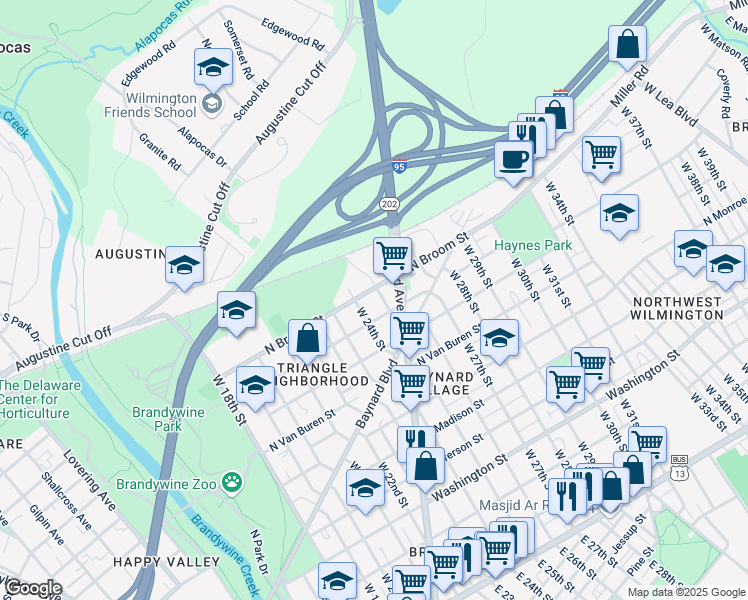 map of restaurants, bars, coffee shops, grocery stores, and more near 810 West 25th Street in Wilmington