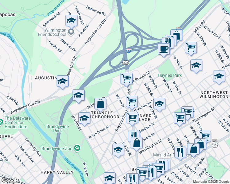 map of restaurants, bars, coffee shops, grocery stores, and more near 906 West 24th Street in Wilmington