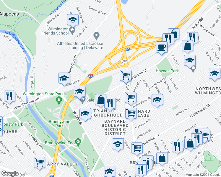 map of restaurants, bars, coffee shops, grocery stores, and more near 906 West 24th Street in Wilmington