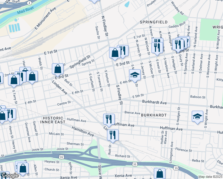 map of restaurants, bars, coffee shops, grocery stores, and more near 135 South Horton Street in Dayton
