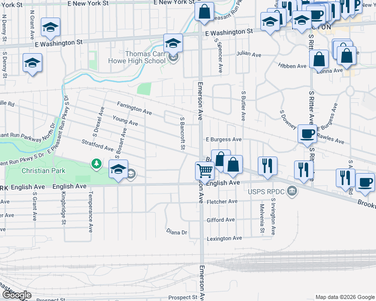 map of restaurants, bars, coffee shops, grocery stores, and more near 5099 South Brookville Road in Indianapolis
