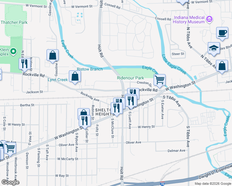 map of restaurants, bars, coffee shops, grocery stores, and more near 3838 Rockville Avenue in Indianapolis