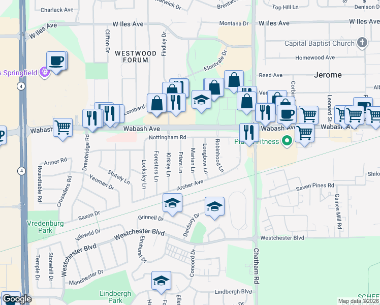 map of restaurants, bars, coffee shops, grocery stores, and more near 29 Marian Lane in Springfield