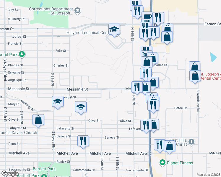 map of restaurants, bars, coffee shops, grocery stores, and more near 3424 Messanie Street in Saint Joseph