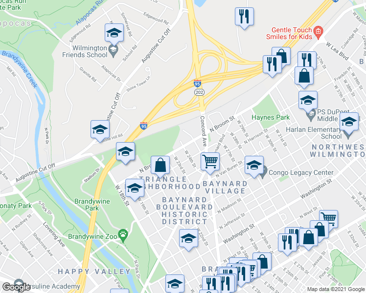map of restaurants, bars, coffee shops, grocery stores, and more near North Broom Street in Wilmington