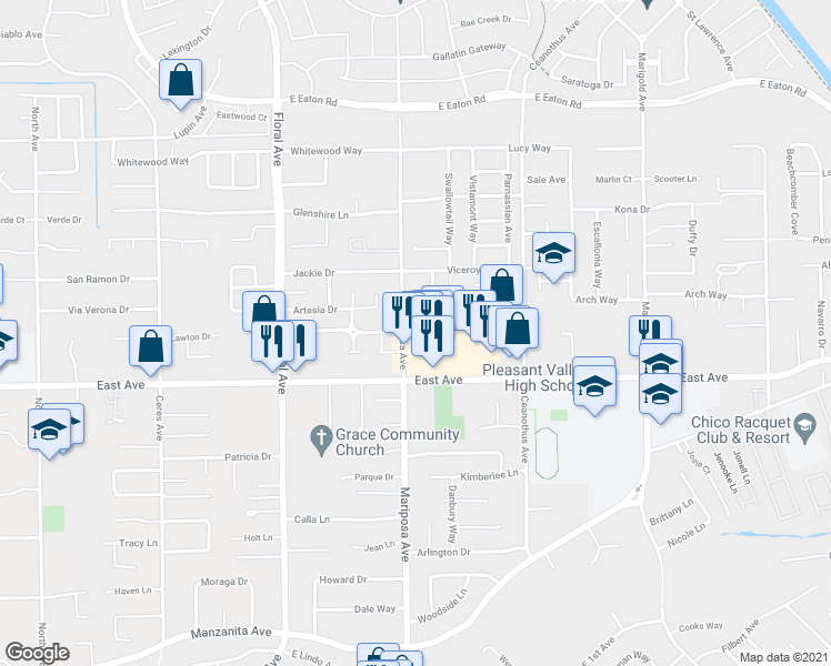 map of restaurants, bars, coffee shops, grocery stores, and more near 2556 Mariposa Avenue in Chico