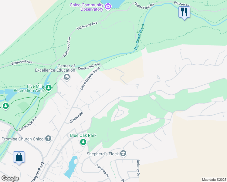 map of restaurants, bars, coffee shops, grocery stores, and more near 6 Matada Court in Chico