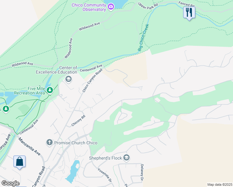 map of restaurants, bars, coffee shops, grocery stores, and more near 6 Matada Court in Chico