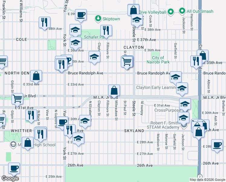 map of restaurants, bars, coffee shops, grocery stores, and more near 3200 Fillmore Street in Denver