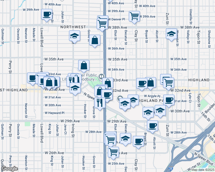 map of restaurants, bars, coffee shops, grocery stores, and more near 3220 Federal Boulevard in Denver