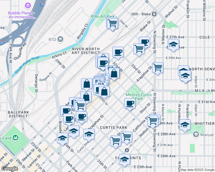 map of restaurants, bars, coffee shops, grocery stores, and more near 3001 Larimer Street in Denver