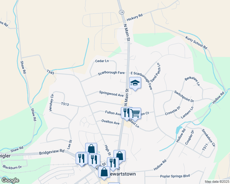 map of restaurants, bars, coffee shops, grocery stores, and more near 9 Springwood Avenue in Stewartstown
