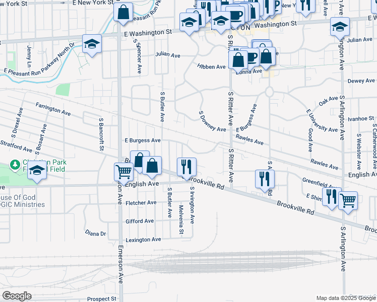 map of restaurants, bars, coffee shops, grocery stores, and more near 5361 East Burgess Avenue in Indianapolis