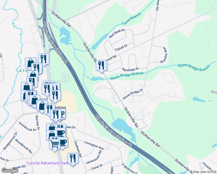 map of restaurants, bars, coffee shops, grocery stores, and more near 103 Tanglewood Drive in Sicklerville