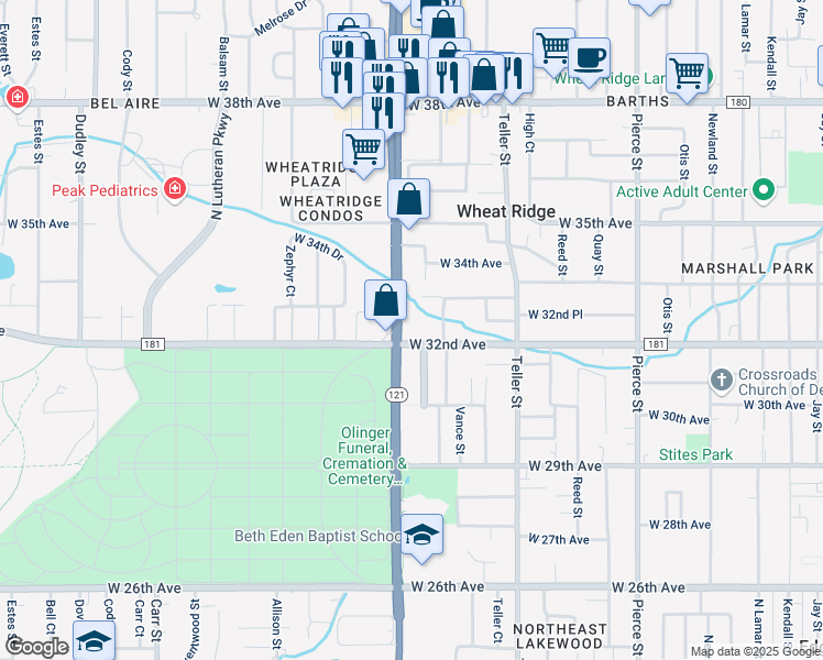 map of restaurants, bars, coffee shops, grocery stores, and more near 3190 Wadsworth Boulevard in Wheat Ridge