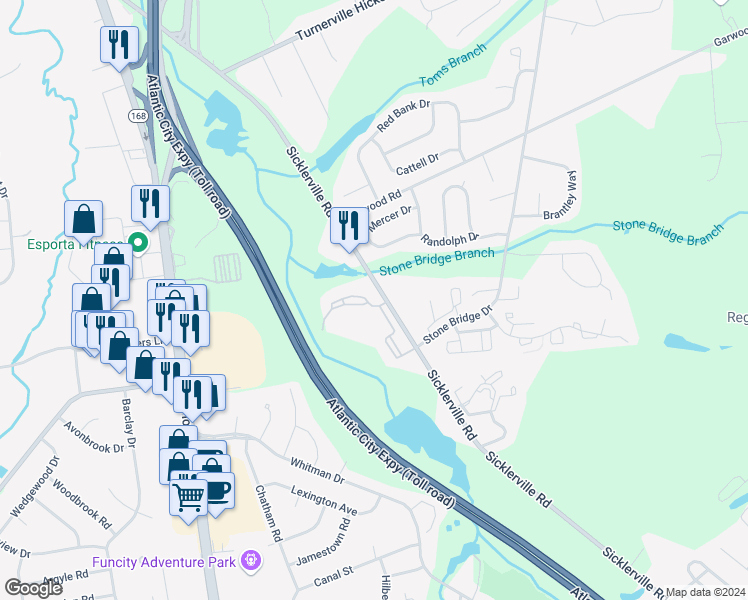map of restaurants, bars, coffee shops, grocery stores, and more near 103 Tanglewood Drive in Sicklerville