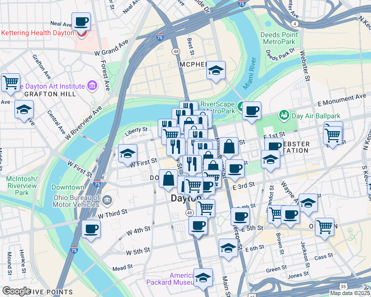 map of restaurants, bars, coffee shops, grocery stores, and more near 20 West First Street in Dayton