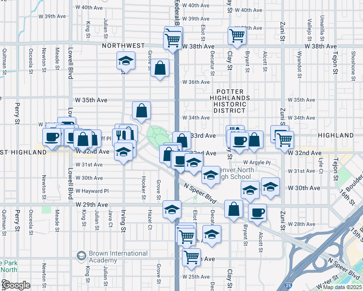 map of restaurants, bars, coffee shops, grocery stores, and more near 3220 Federal Boulevard in Denver