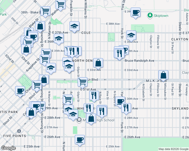 map of restaurants, bars, coffee shops, grocery stores, and more near 1930 Martin Luther King Junior Boulevard in Denver
