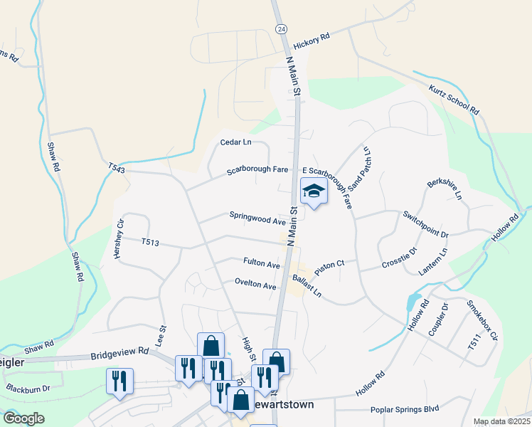 map of restaurants, bars, coffee shops, grocery stores, and more near 9 Springwood Avenue in Stewartstown
