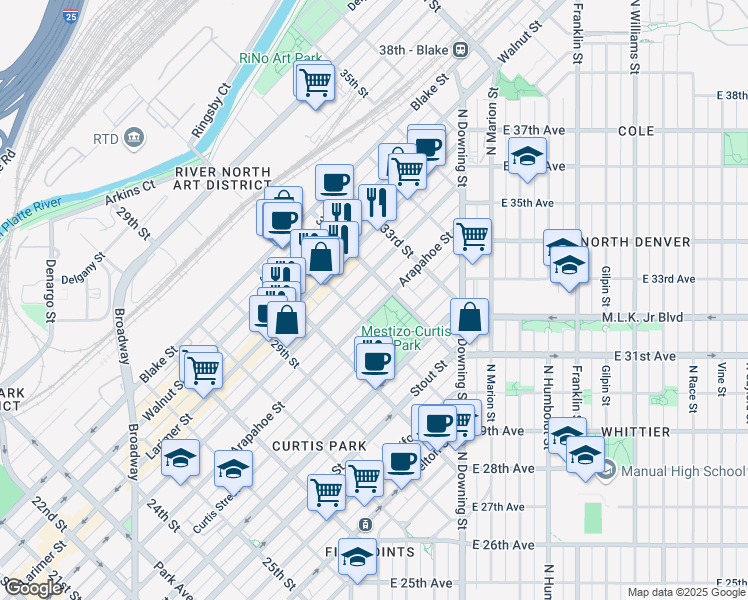 map of restaurants, bars, coffee shops, grocery stores, and more near 3101 Arapahoe Street in Denver