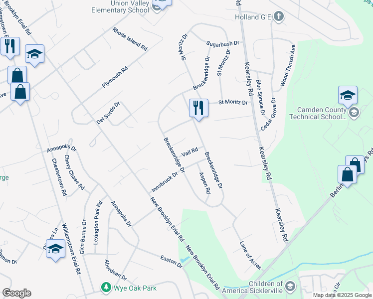 map of restaurants, bars, coffee shops, grocery stores, and more near 7 Vail Road in Gloucester Township