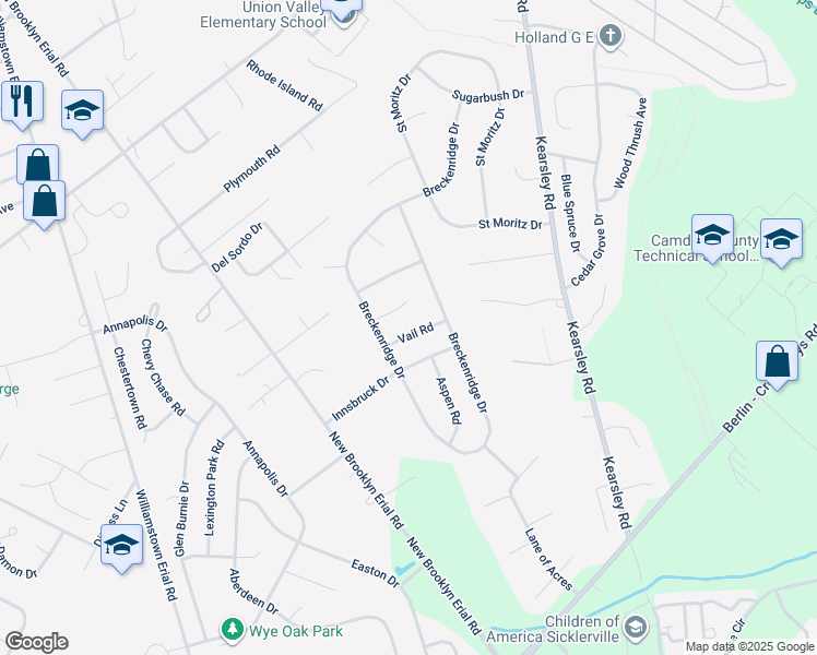 map of restaurants, bars, coffee shops, grocery stores, and more near 7 Vail Road in Gloucester Township