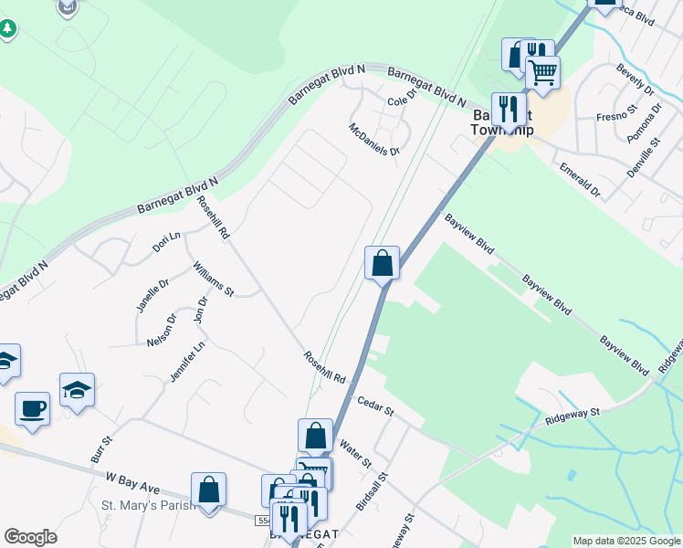 map of restaurants, bars, coffee shops, grocery stores, and more near 291 Hawthorne Lane in Barnegat Township