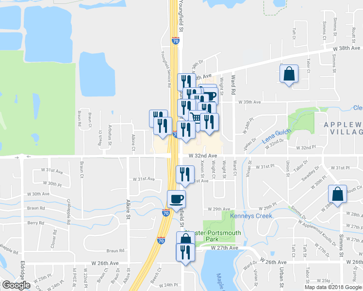 map of restaurants, bars, coffee shops, grocery stores, and more near 3244 Youngfield St in Wheat Ridge