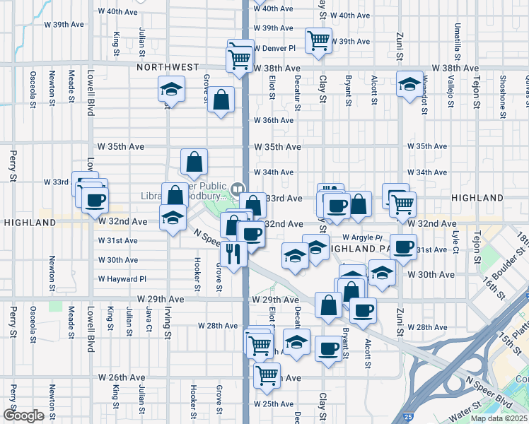 map of restaurants, bars, coffee shops, grocery stores, and more near 3233 Eliot Street in Denver