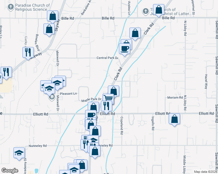 map of restaurants, bars, coffee shops, grocery stores, and more near 6107 Clark Road in Paradise