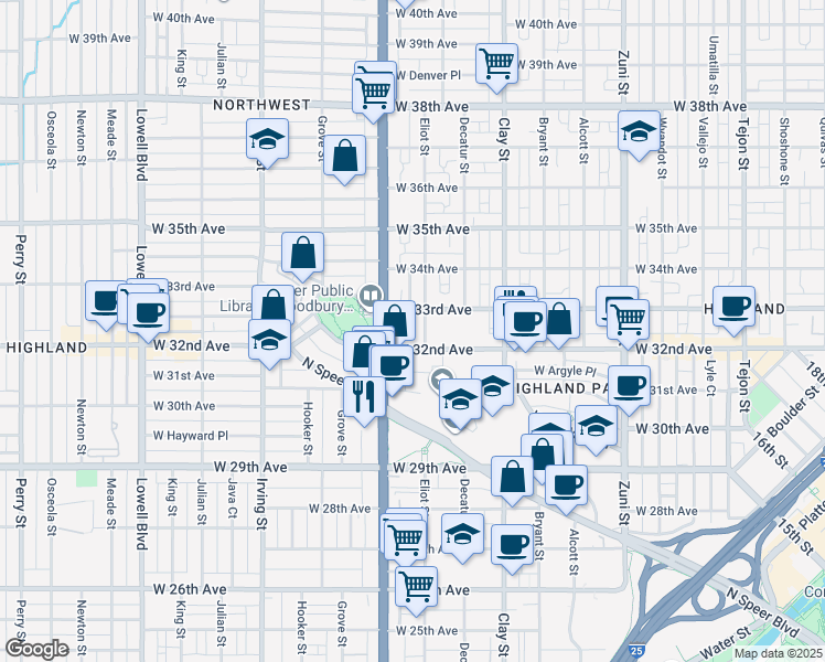 map of restaurants, bars, coffee shops, grocery stores, and more near 3233 Eliot Street in Denver
