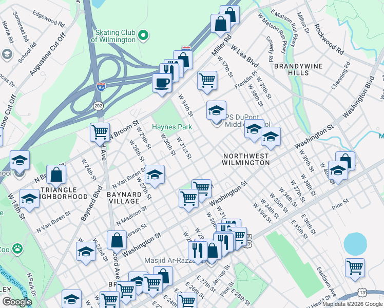 map of restaurants, bars, coffee shops, grocery stores, and more near 609 West 31st Street in Wilmington