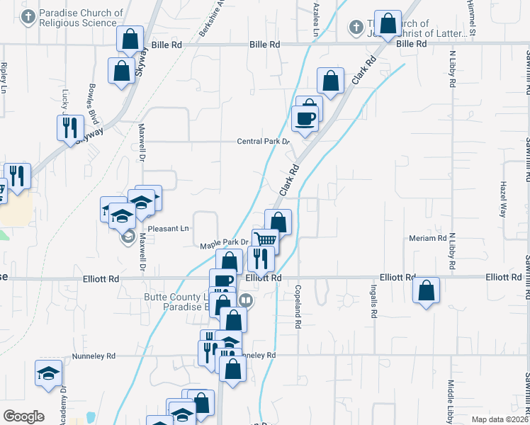 map of restaurants, bars, coffee shops, grocery stores, and more near 6099 Clark Road in Paradise