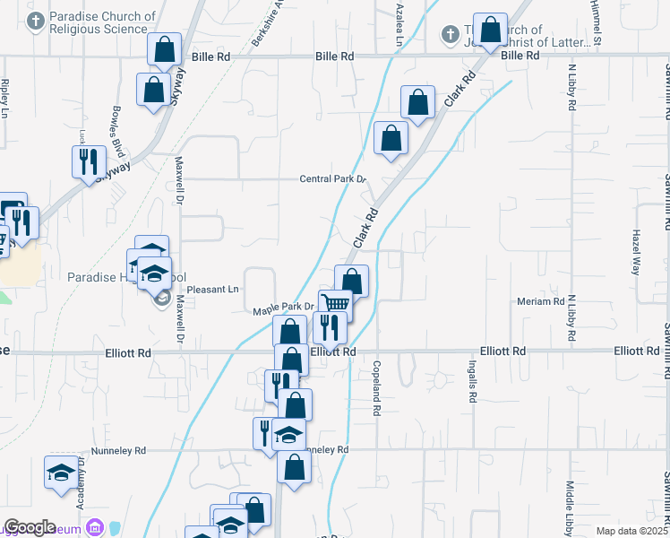map of restaurants, bars, coffee shops, grocery stores, and more near 6107 Clark Road in Paradise
