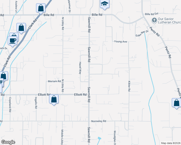 map of restaurants, bars, coffee shops, grocery stores, and more near 5940 Sawmill Road in Paradise