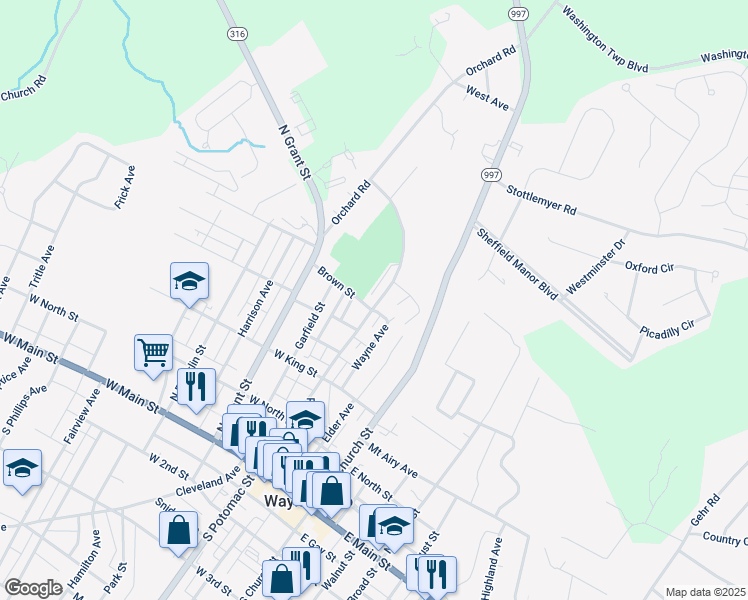 map of restaurants, bars, coffee shops, grocery stores, and more near 506 North Potomac Street in Waynesboro