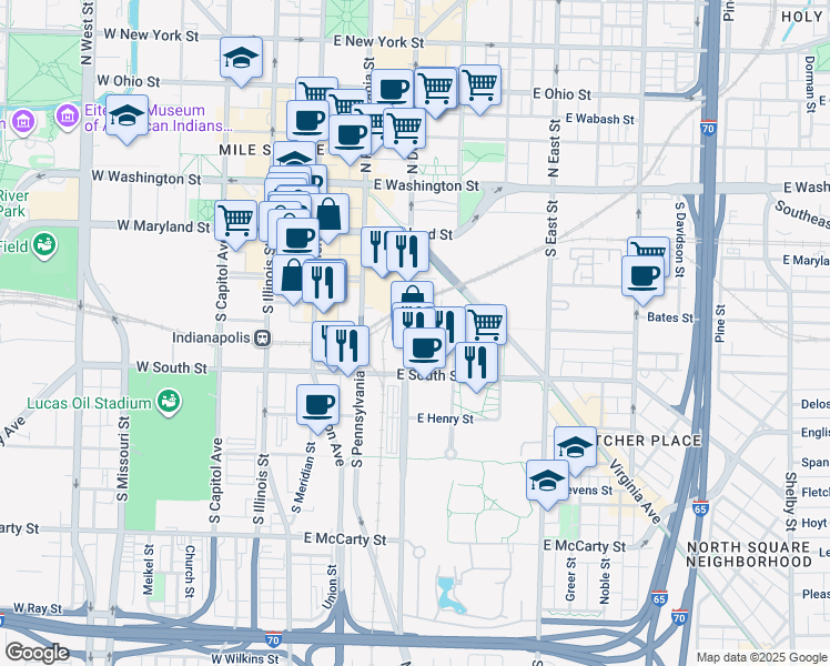 map of restaurants, bars, coffee shops, grocery stores, and more near 339 Delaware Street in Indianapolis