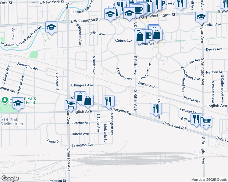 map of restaurants, bars, coffee shops, grocery stores, and more near 5406 East Burgess Avenue in Indianapolis