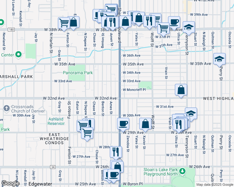 map of restaurants, bars, coffee shops, grocery stores, and more near 3194 Ames Street in Wheat Ridge