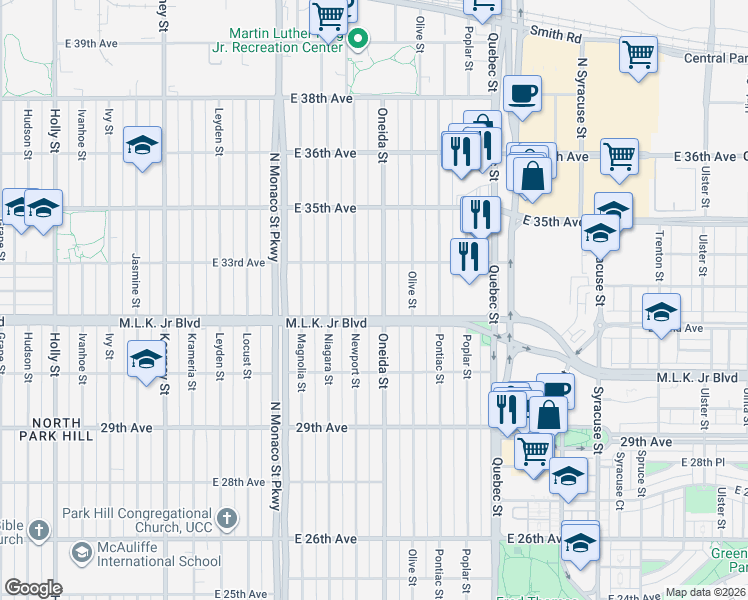 map of restaurants, bars, coffee shops, grocery stores, and more near in Denver