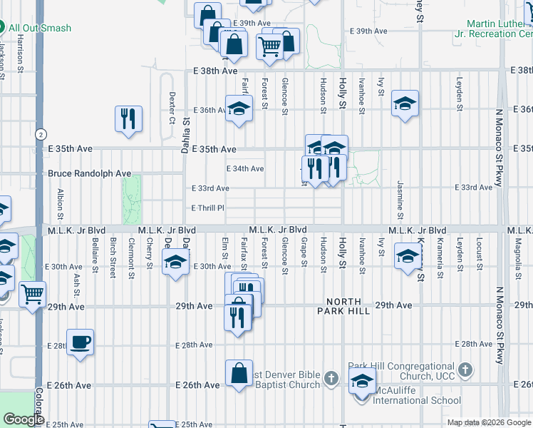 map of restaurants, bars, coffee shops, grocery stores, and more near 5223 Martin Luther King Junior Boulevard in Denver