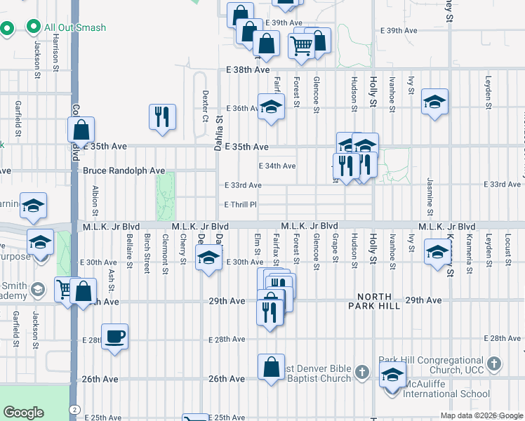 map of restaurants, bars, coffee shops, grocery stores, and more near in Denver