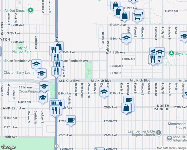 map of restaurants, bars, coffee shops, grocery stores, and more near 4601 Martin Luther King Junior Boulevard in Denver