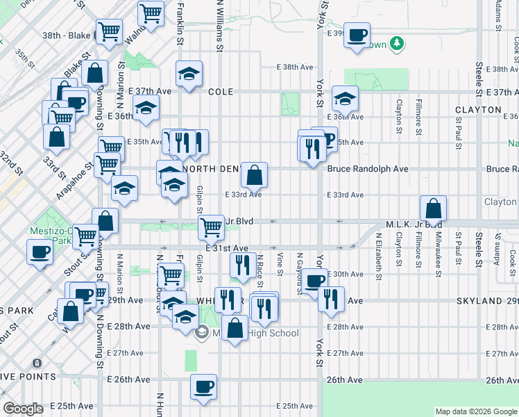 map of restaurants, bars, coffee shops, grocery stores, and more near 1930 Martin Luther King Junior Boulevard in Denver
