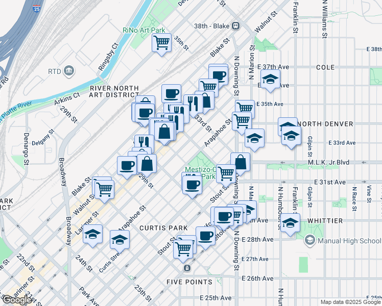 map of restaurants, bars, coffee shops, grocery stores, and more near 1125 31st Street in Denver