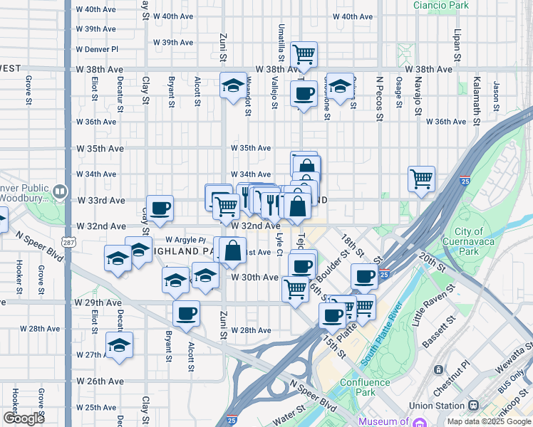 map of restaurants, bars, coffee shops, grocery stores, and more near 2235 West 32nd Avenue in Denver