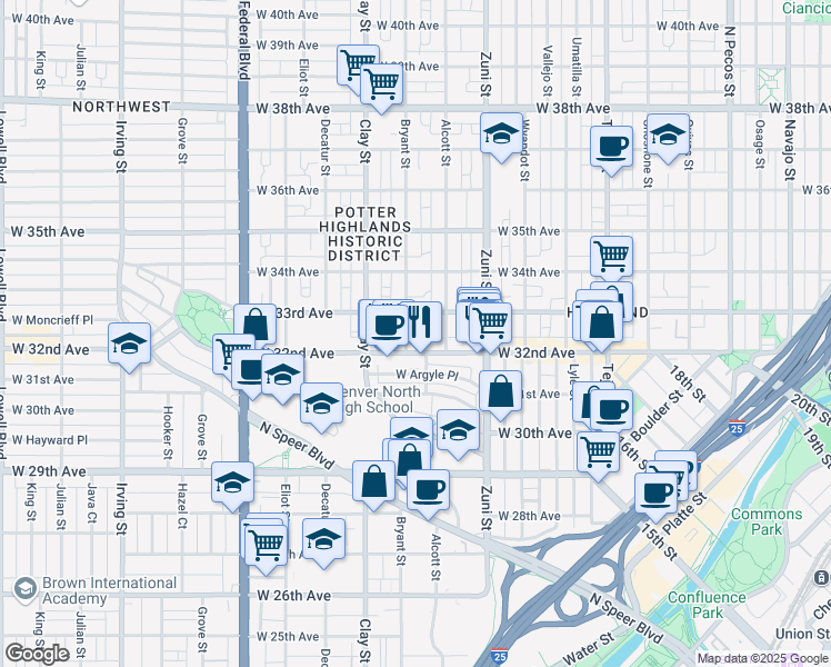 map of restaurants, bars, coffee shops, grocery stores, and more near 2519 West 32nd Avenue in Denver