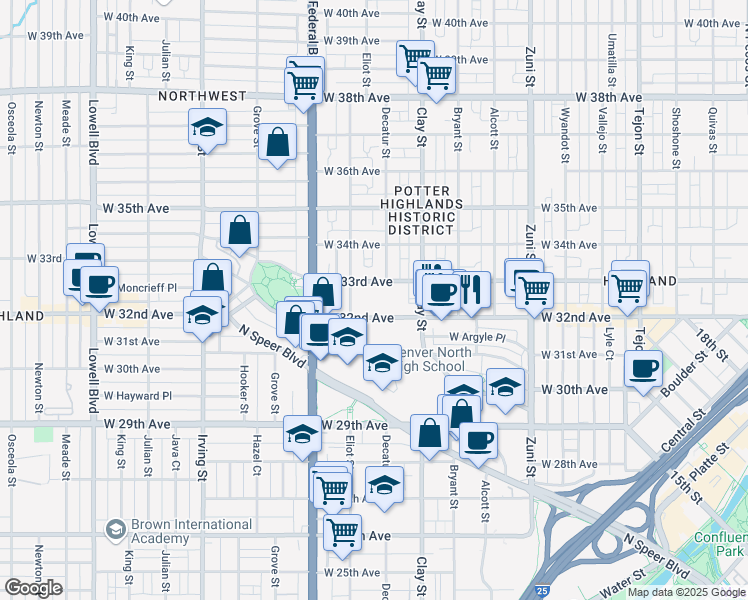 map of restaurants, bars, coffee shops, grocery stores, and more near in Denver